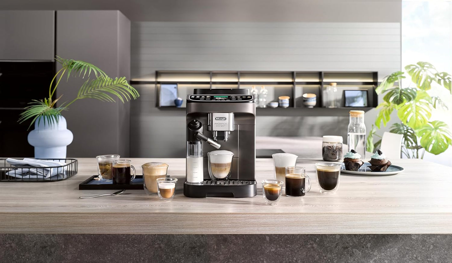 De'Longhl Magnifica Evo Next ECAM312.80.TBKaffeevollautomat mit 13 Getränken, 2,4'' TFT Farbdisplay, LatteCrema Milchsystem, Titan
