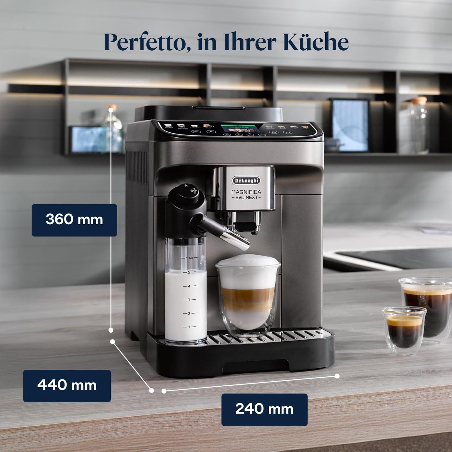 De'Longhl Magnifica Evo Next ECAM312.80.TBKaffeevollautomat mit 13 Getränken, 2,4'' TFT Farbdisplay, LatteCrema Milchsystem, Titan